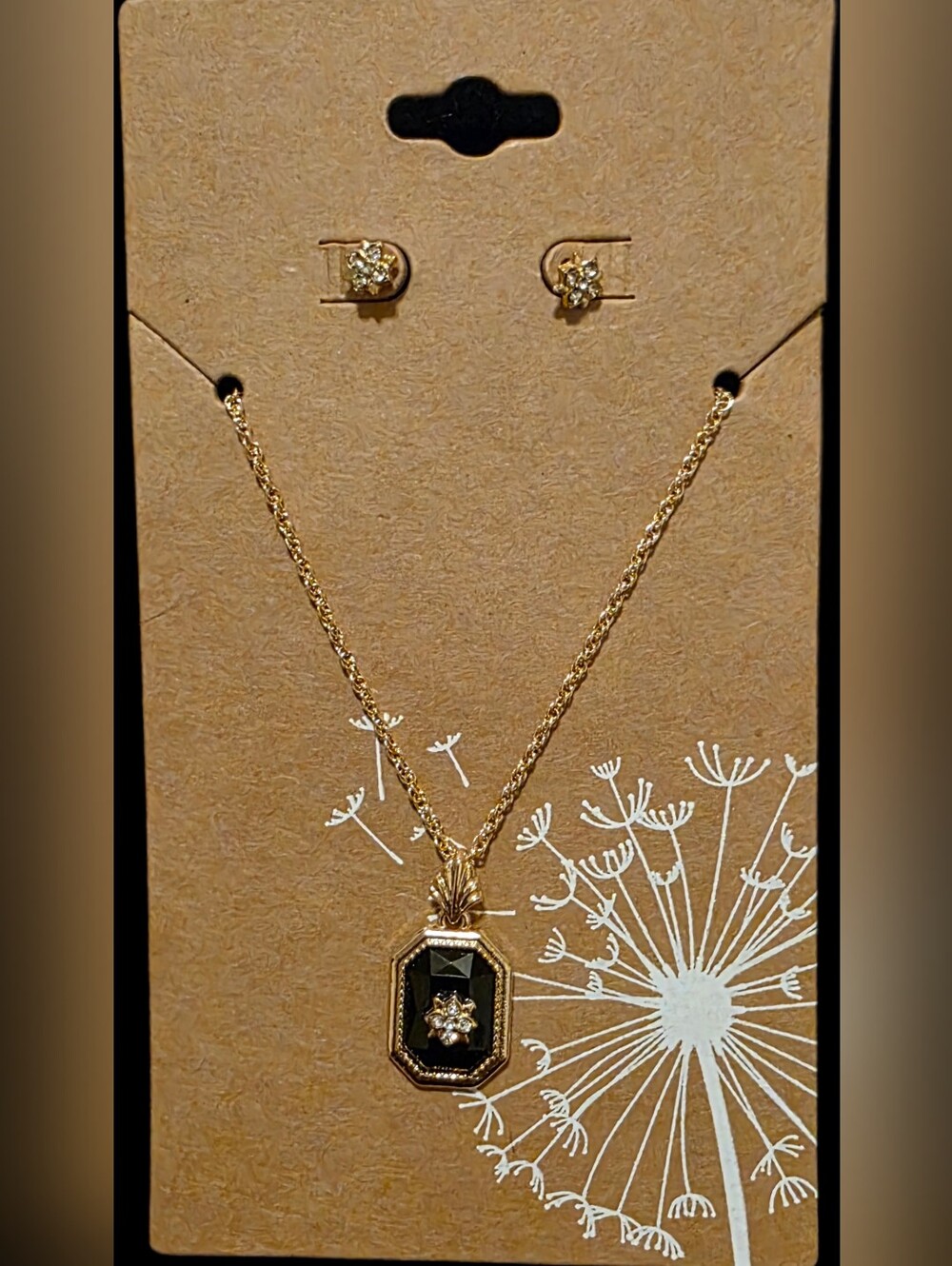 Goldtone Black Pendant Necklace & Crystal Studs
